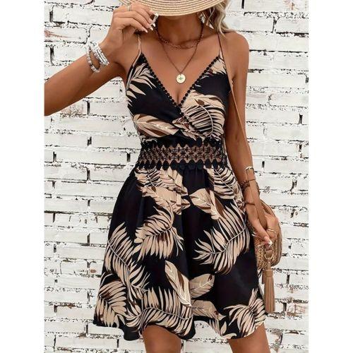 Kadın Ip Askılı Kruvaze Yakalı Desenli Mini Süprem Mini Elbise