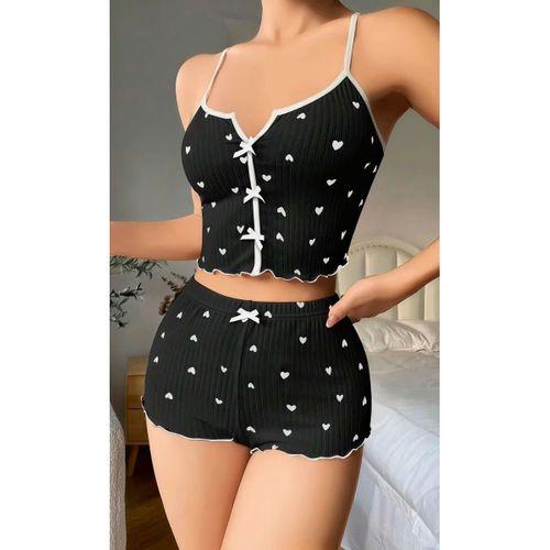 Kadın Siyah Kalp Desenli Askılı Şortlu Pijama Takım 6650