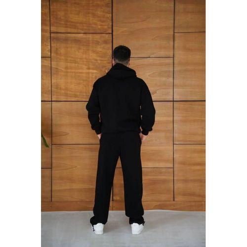 Erkek Kapüşonlu Eşofman Takım Örümcek Ağı Ve Neon Yeşil Baskılı Kanguru Cepli Oversize Rahat Kalıp, Premium Üç İplik Kumaş - Siyah