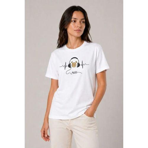 Müzik Temalı Baskılı Tişört Bisiklet Yaka Kısa Kol T-Shirt - Beyaz