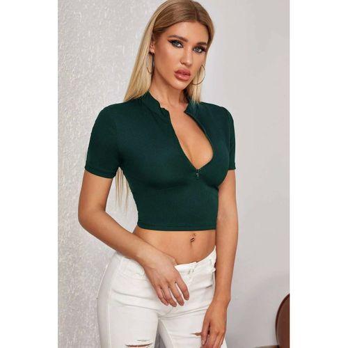Kadın Yeşil Fermuar Detaylı Modern Kesim Crop Bluz