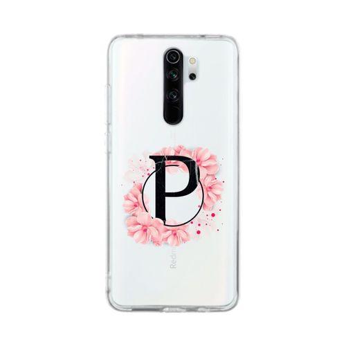 Xiaomi Redmi Note 8 Pro Pembe Çiçek Desen P Harfli Şeffaf Kılıf