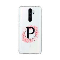 Xiaomi Redmi Note 8 Pro Pembe Çiçek Desen P Harfli Şeffaf Kılıf