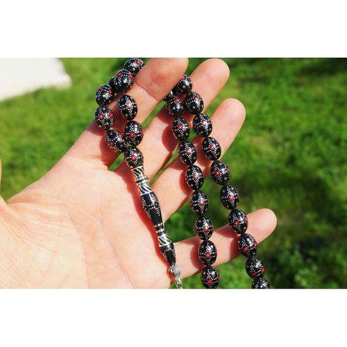 Kule Model Gümüş İşlemeli Oltu Sıkması Tespih