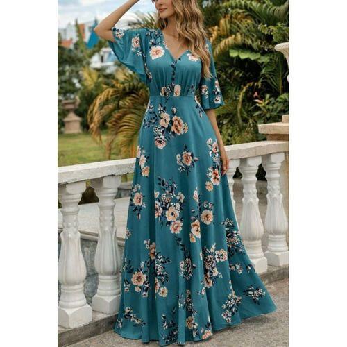 Kadın Kısa Kollu V Yakalı Desenli Süprem Elbise