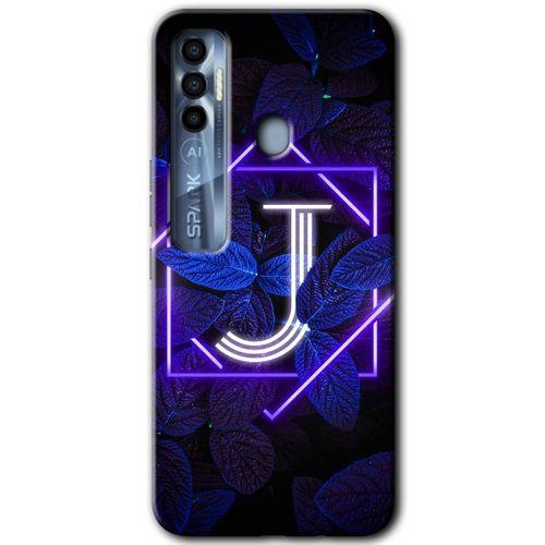 Tecno Spark 7 Pro Kılıf HD Desen Baskılı Arka Kapak+Temperli Cam - Dark Neon Yaprak J Harfi
