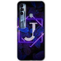 Tecno Spark 7 Pro Kılıf HD Desen Baskılı Arka Kapak+Temperli Cam - Dark Neon Yaprak J Harfi