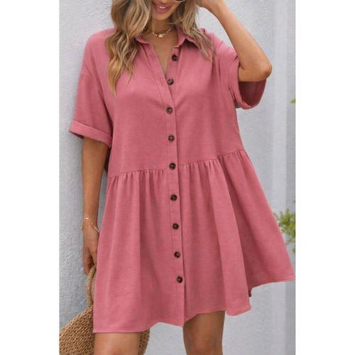 Kadın Kısa Kollu Yakalı önden Düğmeli Kısa Bürümcük Elbise