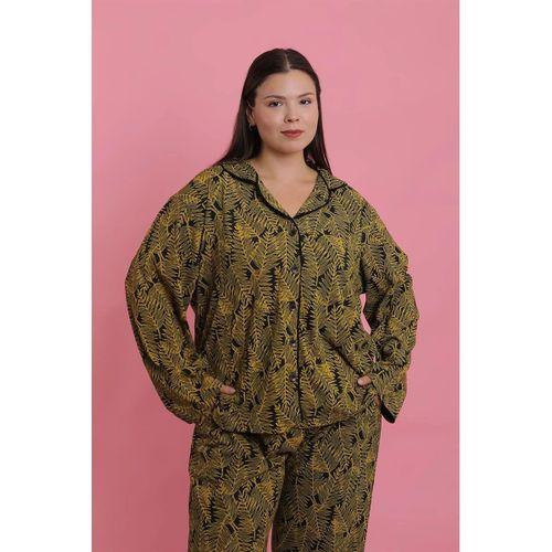 Kadın Büyük Beden Tropikal Yaprak Desenli Düğmeli Pijama Takımı