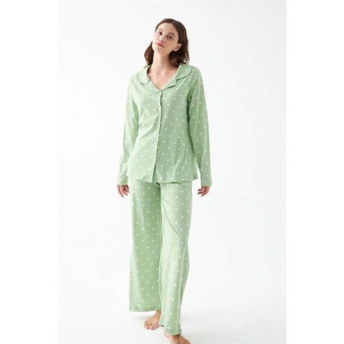 Kadın Yeşil Kalp Desenli Düğmeli Pamuklu Pijama Takımı