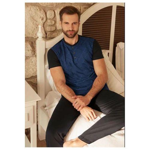Erkek 2'li Pijama Takımı Yarım Kol O Patlı Jakarlı 3 Düğmeli Lacivert 2xl