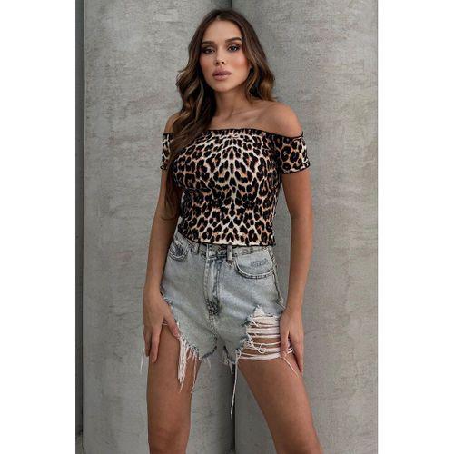 Lesa Wear Leopar Desenli Soft Touch Kayıkçı Yaka Basic Crop Bluz