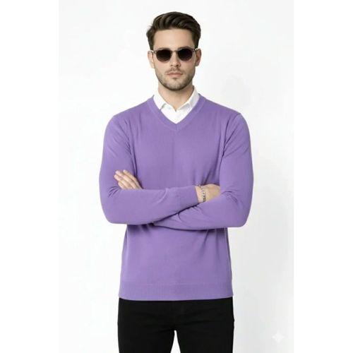 Erkek V Yaka Triko Kazak Yumuşak Dokulu Pamuklu Ince Dokuma, Uzun Kollu Rahat Regular Kalıp - Mor