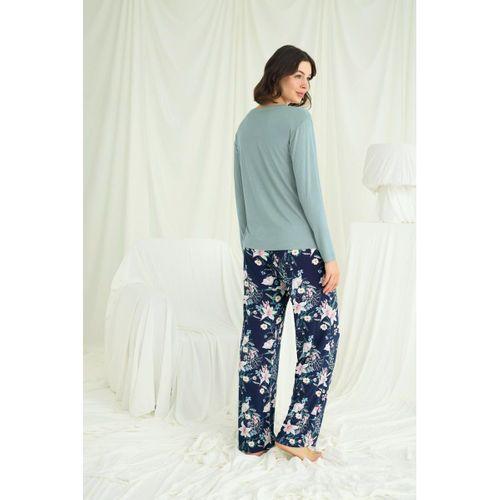 Çiçek Ve Yaprak Desenli Baskılı Pijama Takımı