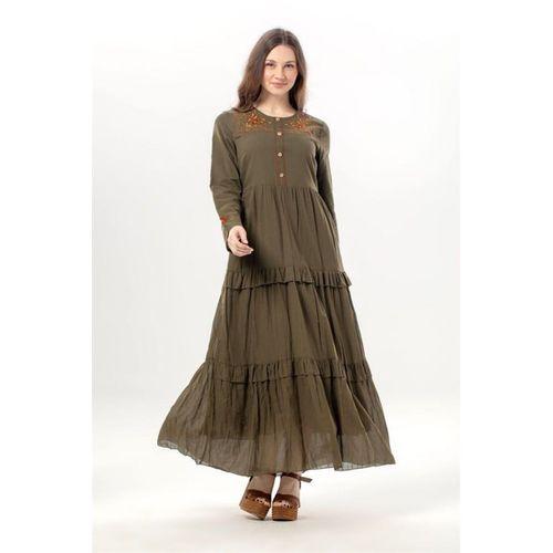 Uzun Kol Zeynep Bisiklet Yaka Nakışlı Uzun Vual Elbise Haki Hk