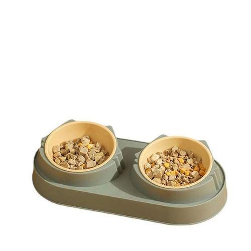 Süslüpati Yükseltilmiş Eğimli 2li Kedi Köpek Mama ve Su Kabı - Çiftli Mama Kabı Yeşil