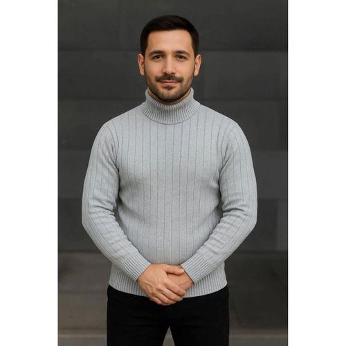 Erkek Balıkcı Yaka Bağazlı Triko Kazak Pamuklu Kalın Fitilli Dokuma, Regular Fit Uzun Kollu Kışlık Model - Gri