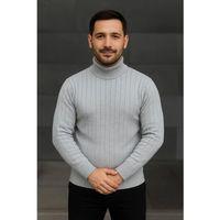 Erkek Balıkcı Yaka Bağazlı Triko Kazak Pamuklu Kalın Fitilli Dokuma, Regular Fit Uzun Kollu Kışlık Model - Gri