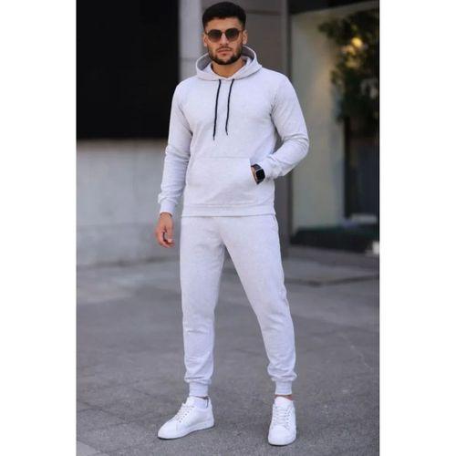 Erkek İki İplik Kapüşonlu Kanguru Cepli Sweatshirt Jogger Pantolon Alt Üst Eşofman Takımı -Beyaz