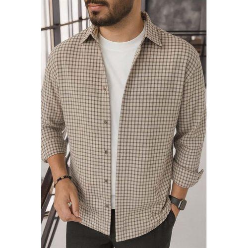 Jonas Ekose Küçük Kareli Relaxed Fit %100 Pamuklu Flanel Kumaş Erkek Gömlek - Bej