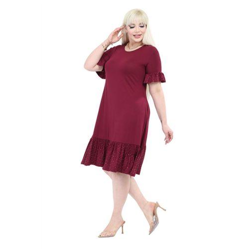 Melsay Butik Kolları Taş Baskılı Fırfırlı Kısa Kollu Bordo Kadın Midi Elbise