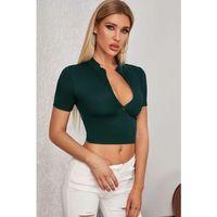 Kadın Yeşil Yarım Fermuarlı Ve Kısa Kollu Crop Top Bluz