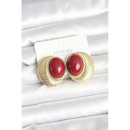 Pirinç Gold Renk Bordo Boncuklu Oval Vintage Kadın Küpe