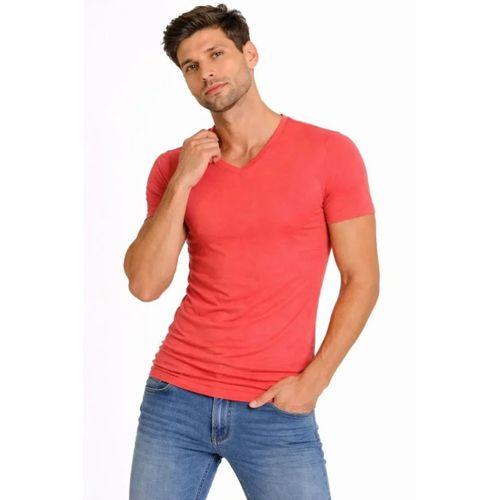 Erkek T-Shirt V Yaka Slim Fit Dar Kesim Likralı Tişört Günlük Basic Body - Nar Çiçeği