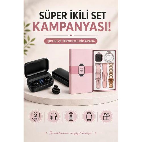 Wireless Şarjlı Pembe Akıllı Saat Ve Kablosuz Bluetooth Kulaklık Dokunmatik Kontrol