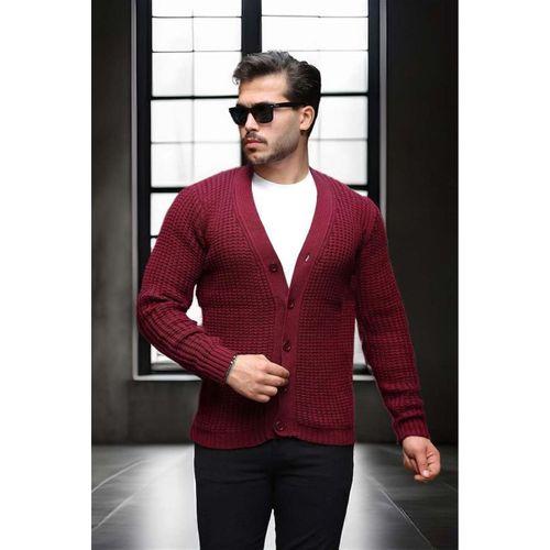 Nopenli Fitil Örgü Düğmeli Hırka - Bordo