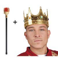 Altın Renk 60 cm Kral Tacı Kraliyet Tacı ve Kırmızı Topuzlu Kral Asası Seti
