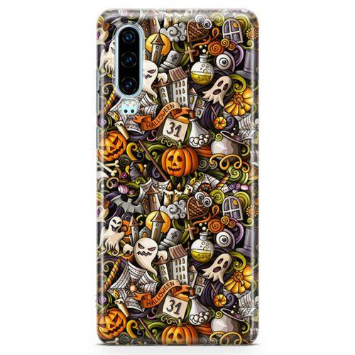 Huawei P30 Kılıf Cadılar Bayramı Doodle Arka Kapak Koruma Desenli Full Koruyucu