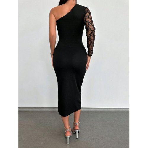 Kadın Siyah Tek Kol Dantel Detay Omuz Dekolte Krep Elbise