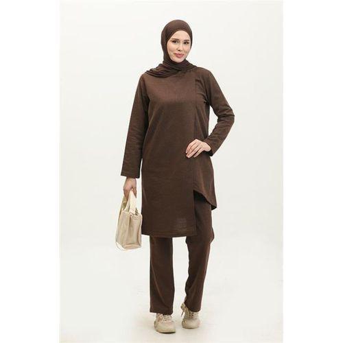 Kruvaze Bisiklet Yaka Sade Basic Tunik Panolon İkili Takım - 03076.028 - Kahverengi