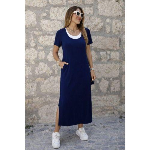 Kadın Kısa Kollu Içi Atlet Görünümlü Yandan Yırtmaçlı Uzun Viskon Elbise