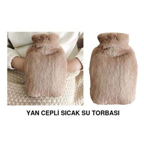 Sıcak Su Torbası Yan Cepli Bej  Peluş Termofor 27X17X2Cm  1 Litre
