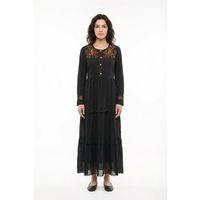 Uzun Kol Zeynep Bisiklet Yaka Nakışlı Uzun Vual Elbise Siyah Syh