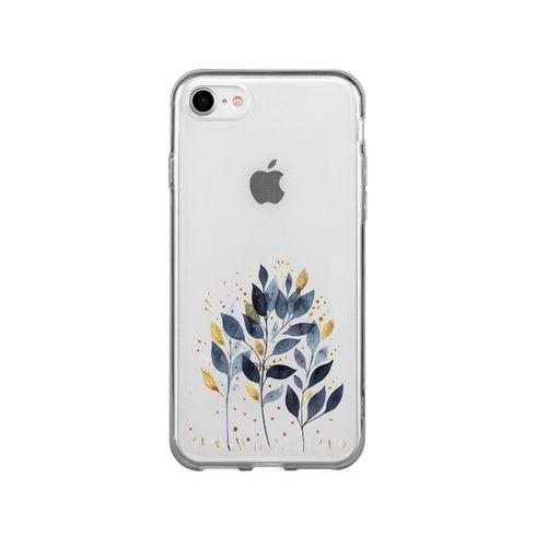 iPhone 7 Mavi Yaprak Desenli Premium Şeffaf Silikon Kılıf