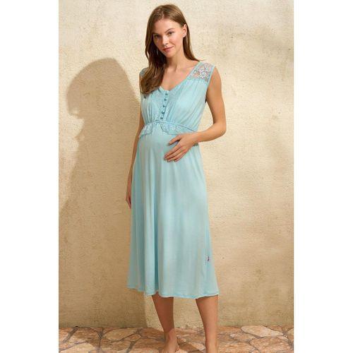 Sıfır Kol V Yaka Viskon Çiçek Desenli Yazlık Uzun Dantel Detaylı Hamile Gecelik Sabahlık