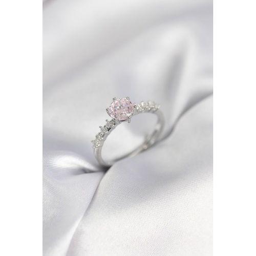 Gümüş Renk Pembe Tek Taş Model Zirkon Taşlı Kadın Yüzük