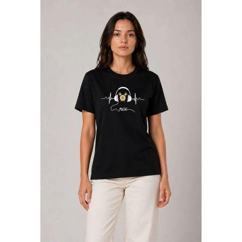 Müzik Temalı Baskılı Tişört Bisiklet Yaka Kısa Kol T-Shirt - Siyah