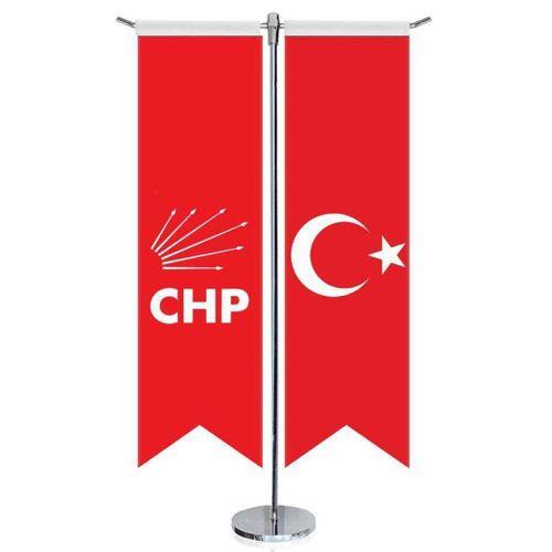 Kırmızı Cumhuriyet Halk Partisi (chp) Bayrağı Ve Türkiye -kırlangıç - Saten T Direk 2li Masa Bayrağı