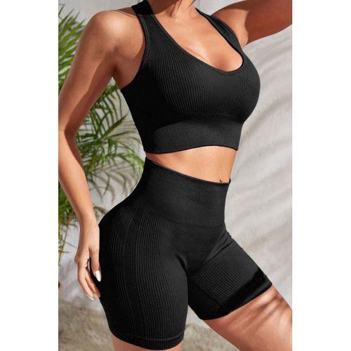 Kadın Siyah Fit Görünümlü Yüksek Bel Spor Crop Top Şort Takımı