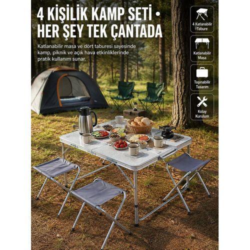 Katlanabilir Kamp Masası Ve 4 Tabure Seti Taşınabilir Alüminyum Gövdeli Piknik Masası