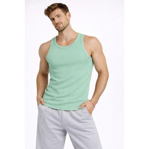 Erkek Fitilli Atlet Sıfır Yaka Slim Fit Arka Baskılı Spor Atlet - Mint Yeşili