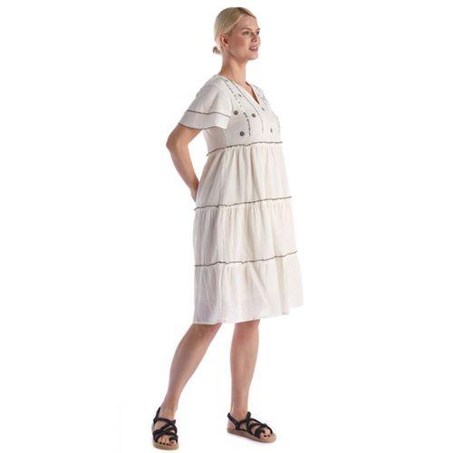 Kısa Kol Pullu Krem V Yaka Şile Bezi Yazlık Midi Boy Elbise