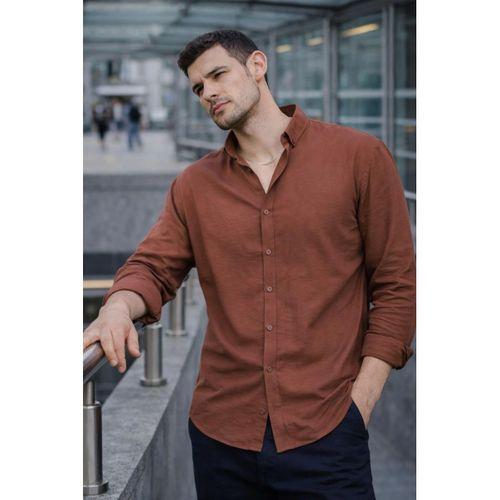 Scott – Soft Dokulu Yarım Oversize Modern Erkek Gömlek - Kahve