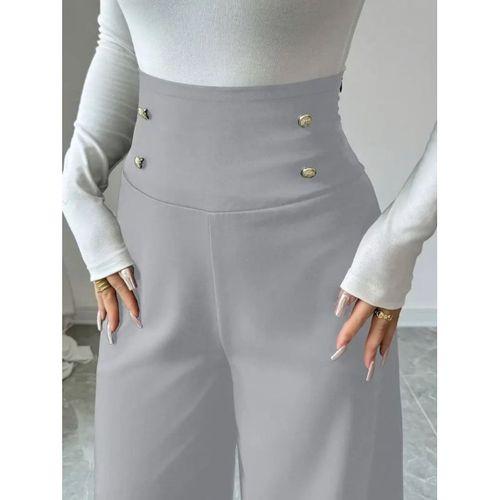 Kadın Yüksek Bel Düğmeli Geniş Paçalı Ithal Krep Pantolon
