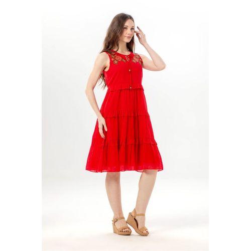 Kolsuz Mina Nakış Detaylı Bağcıklı Yaka Yazlık Vual Elbise Kırmızı Krmz