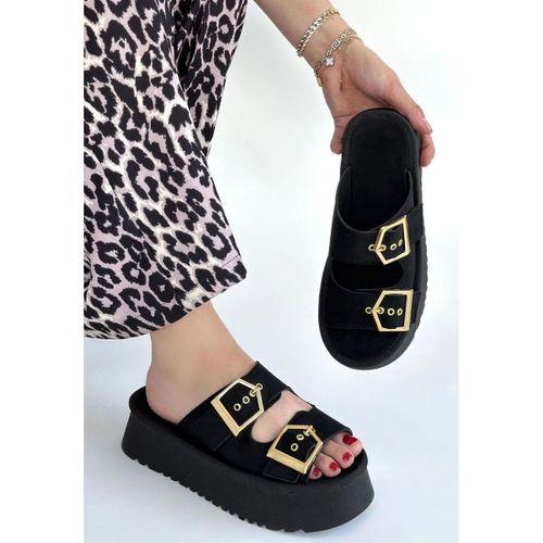 Coer Siyah Süet Çift Tokalı Terlik